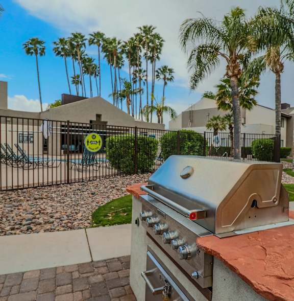A BBQ grill is in the foreground of a residential area with palm trees.