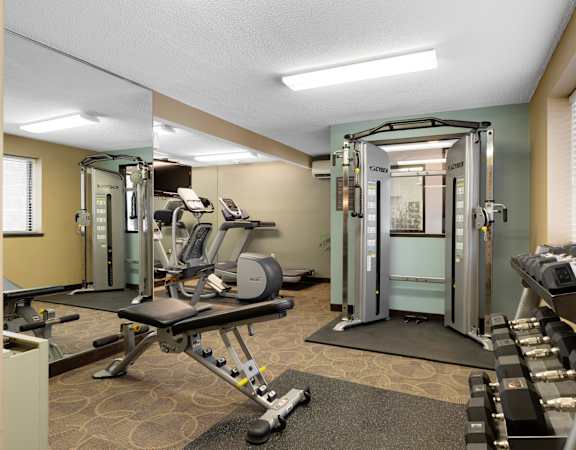A gym with a treadmill, weights, and exercise equipment. at Valley Pond, Minnesota, 55124