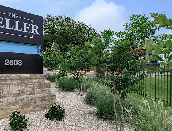 The Keller sign is on a stone pillar.at The Keller, San Antonio, TX 78230
