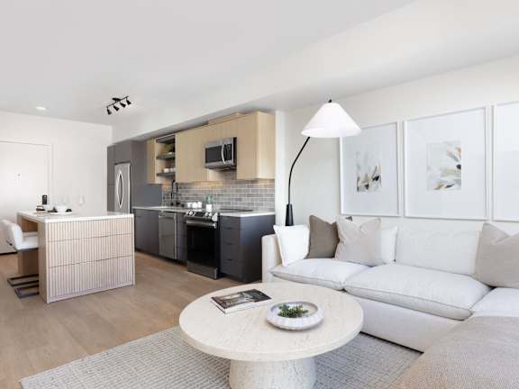 Bright and spacious living room in a modern apartment at AVE Santa Clara, California, 95054
