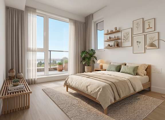 A bedroom with a large bed and a view of the outdoors through the window.