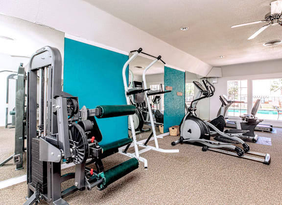 A gym with a variety of exercise equipment including treadmills, elliptical machines, and weight machines.