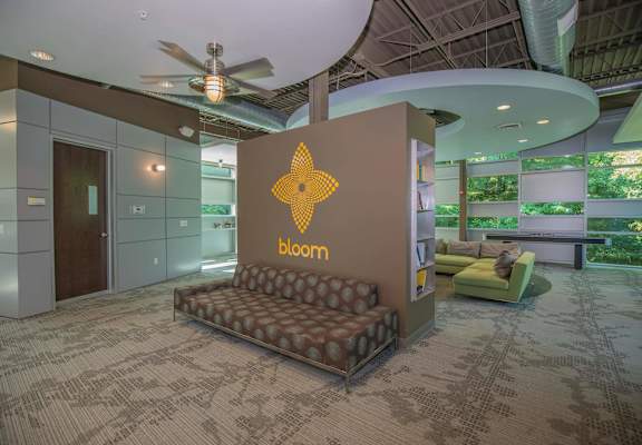 A room with a carpeted floor and a chair with the word bloom on it.