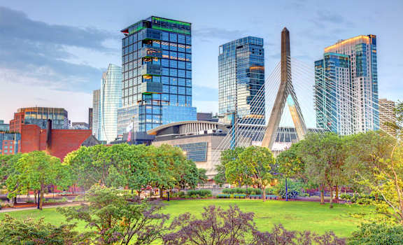 a city skyline with a park and skyscrapers