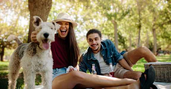 A man and woman are sitting on a blanket with a dog in a park. at Bluffs Apartments, Bluffdale