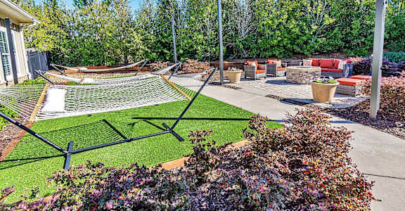 a hammock in the backyard of a house