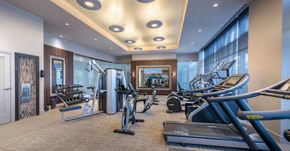 a gym with treadmills and other exercise equipment