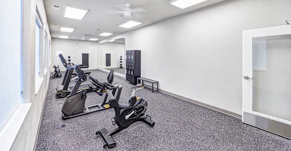 A gym with treadmills and elliptical machines.