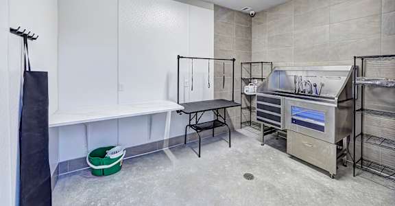 A clean, empty industrial kitchen with stainless steel appliances and white walls.