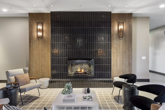 lobby fireplace at savor apartments