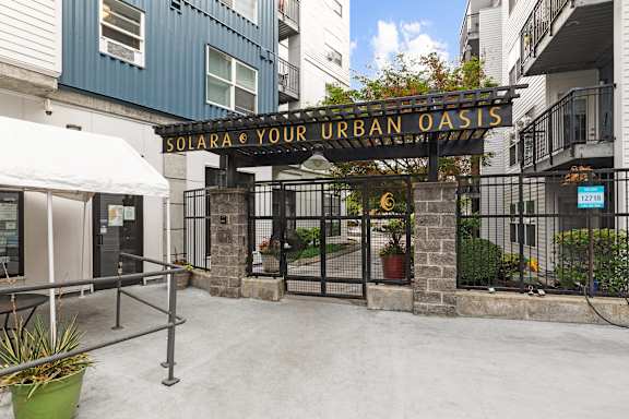 an image of the entrance to solara your urban oasis apartments