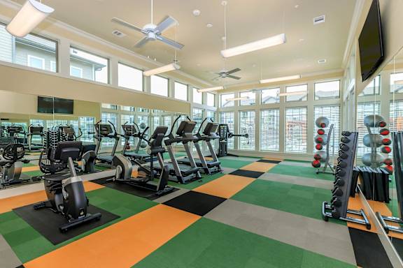 the gym at the flats at big tex apartments at Cypress Creek at Hazelwood Street, Texas, 75407