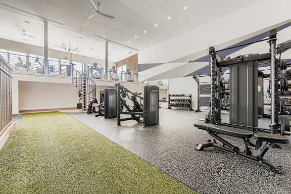A gym with a green carpet and various exercise equipment.