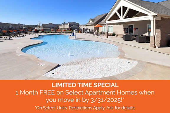 A pool area with a sign offering a free month on Select Apartment Homes if you move in by a certain date.