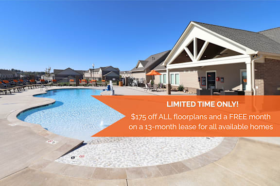 A pool with a sign offering $175 off all floor plans and a free month on a 13-month lease for all available homes.