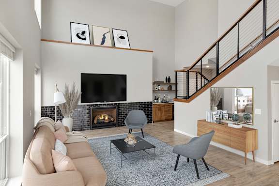 Spacious Living Room With Plank Flooring at Nuvelo at Parkside, Apple Valley, MN, Minnesota, 55124