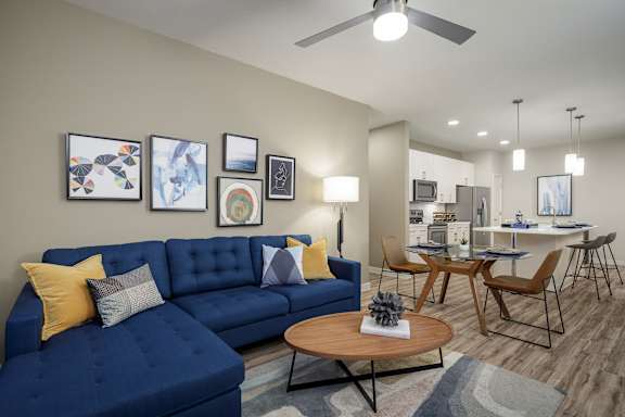 Decorated Apartment Living Room at The Baldwin at St. Paul Square, Texas, 78205