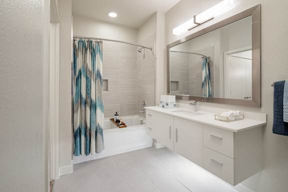 Custom Framed Bathroom Mirrors at The Baldwin at St. Paul Square, San Antonio, Texas