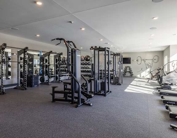 a gym with cardio equipment and weights on the floor at Preserve at Sycamore Creek, Osage Beach, MO