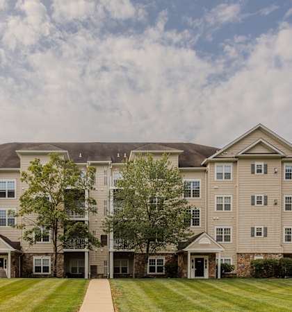 Apartment Exterior with Trees, Bushes and Walkway  at Saucon View Apartments, Bethlehem, PA, Pennsylvania, 18015