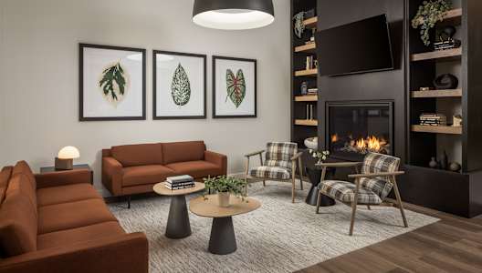A modern living room with a fireplace and a TV.