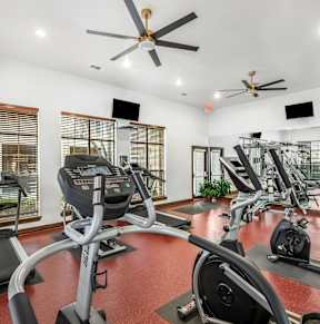 A gym with treadmills, elliptical machines, and a fan.