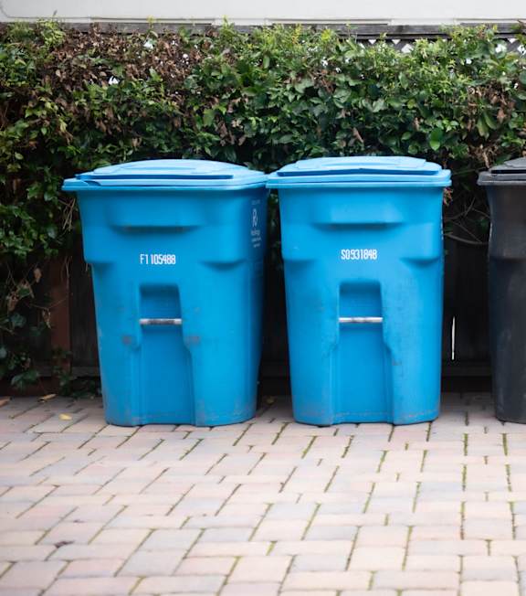 Four trash cans are lined up in front of a hedge.