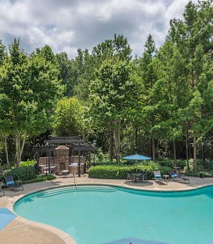 a swimming pool with chairs around it and trees in the background