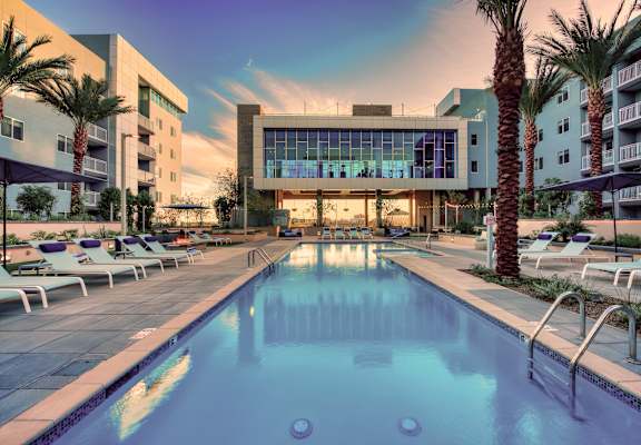 A large swimming pool surrounded by lounge chairs and palm trees.