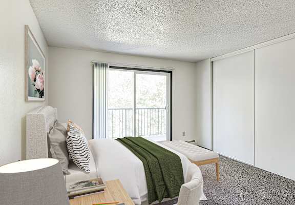 a bedroom with a bed and a chair and a window