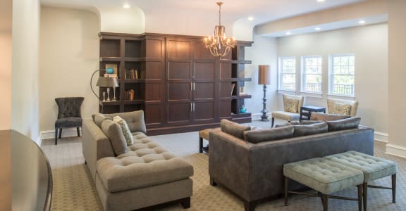 Cozy Living Room of Amberleigh apartments and townhomes with walkways and surrounded by trees and greenery in Fairfax, Virginia 22031