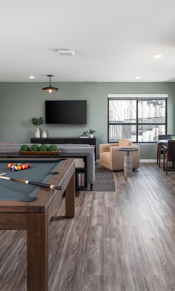 a games room with a pool table and a tv