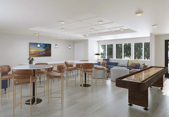 a living room with tables and chairs and a piano