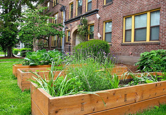 a garden in front of a brick building