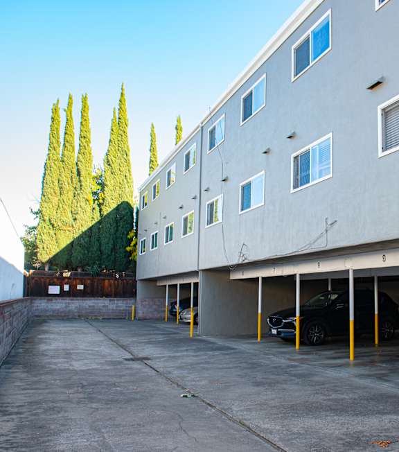 A small pool in a courtyard surrounded by apartment buildings.