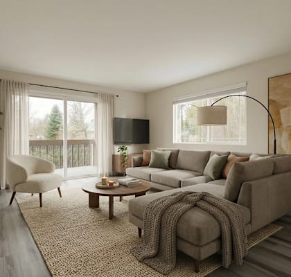 A living room with a grey couch, a white chair, a wooden coffee table, and a large painting on the wall.