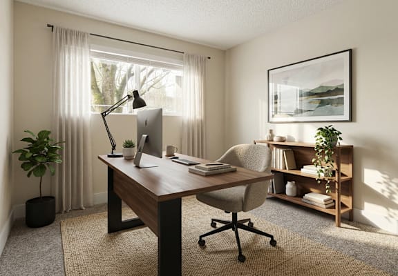 A modern home office with a desk, chair, and a plant.