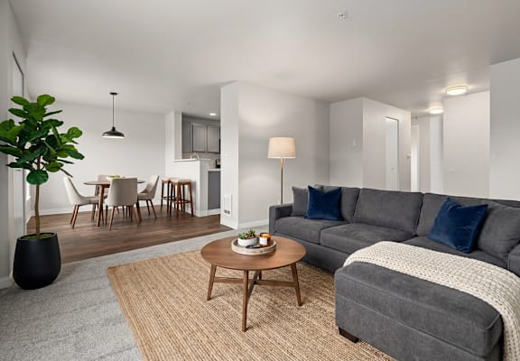 A living room with a grey couch and a wooden coffee table.