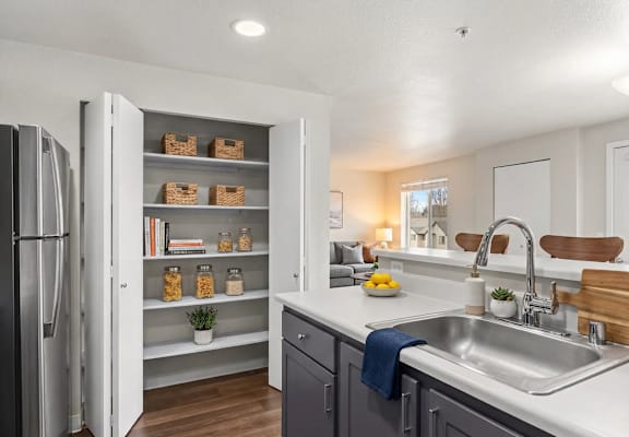 A kitchen with a refrigerator, sink, and shelves with jars and plants.