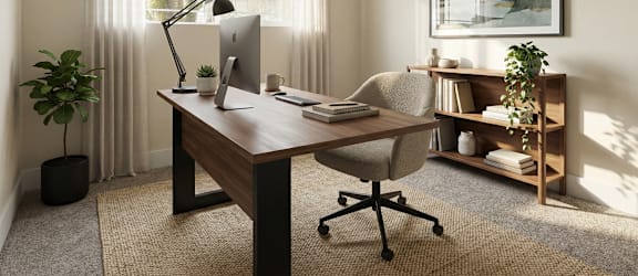 A modern home office with a desk, chair, and a plant.