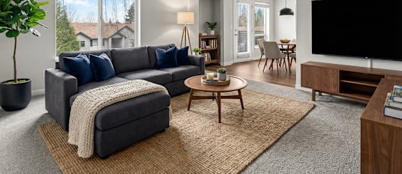 A living room with a grey couch, a coffee table, a television, and a large window.