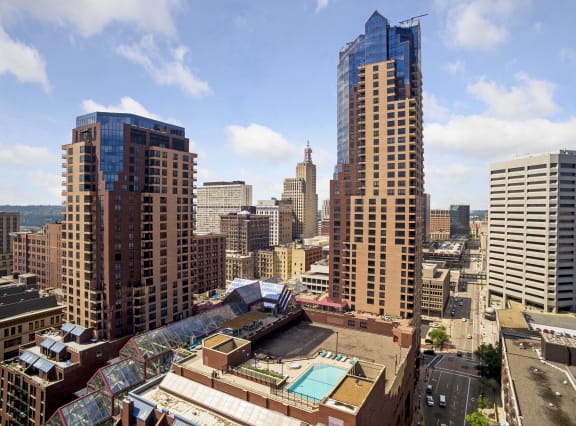 a view of the city from the roof of a building at Galtier Towers Apartments, St. Paul