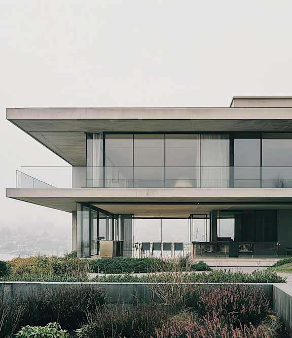 A modern house with a flat roof and large glass windows.