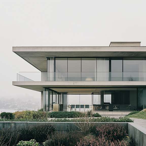 A modern house with a flat roof and large glass windows.