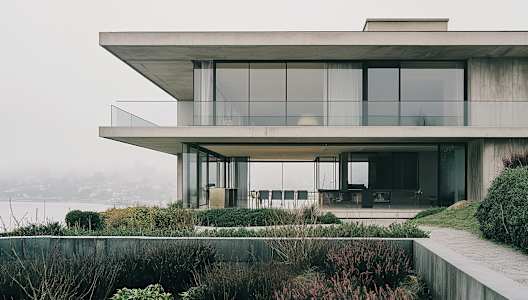 A modern house with a flat roof and large glass windows.