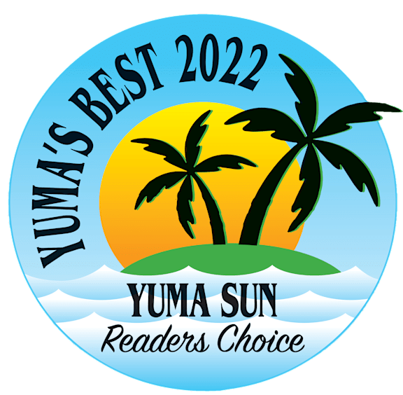 A circular logo with the text "YUMA'S BEST 2022" and "YUMA SUN Readers Choice" along with a graphic of two palm trees and a sun.