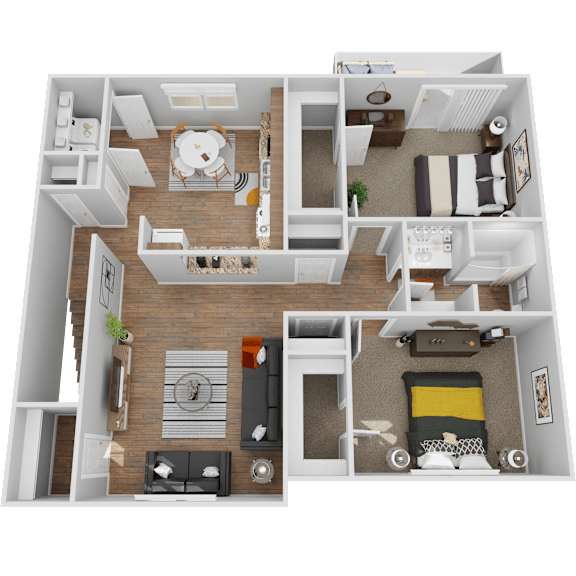 A 3D floor plan of a small apartment with a kitchen, living room, and bedroom.