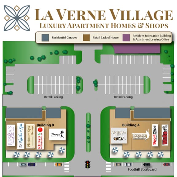 a map of the la verne village luxury apartment homes and shops
