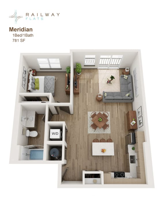 Meridian Floor Plan - 1 Bed/1 Bath at Railway Flats Apartments, Loveland, CO