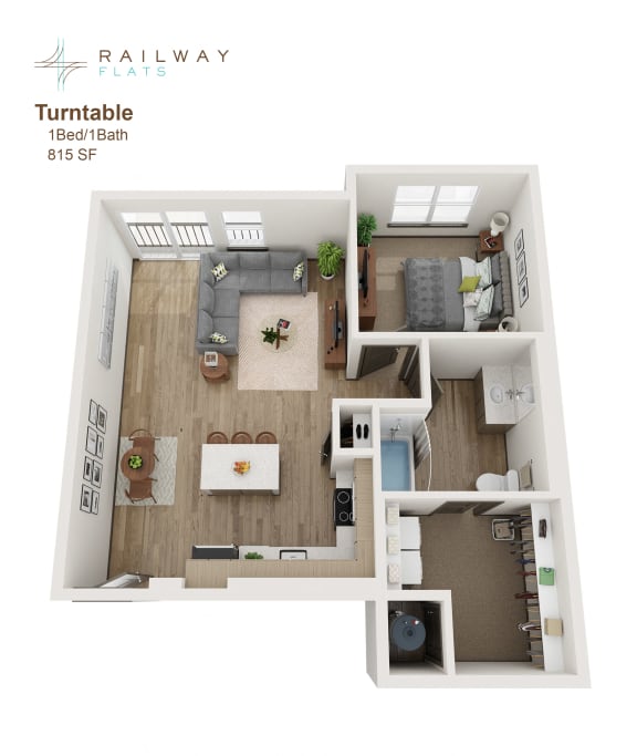 Turntable Floor Plan - 1 Bed/1 Bath 815 Sq. Ft.  at Railway Flats Apartments, Colorado